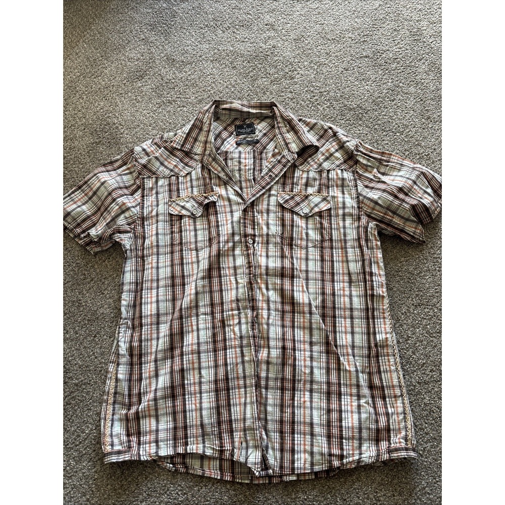 Mens Beige Plaid‎ Short Sleeve Shirt Marc Ecko Size XXL